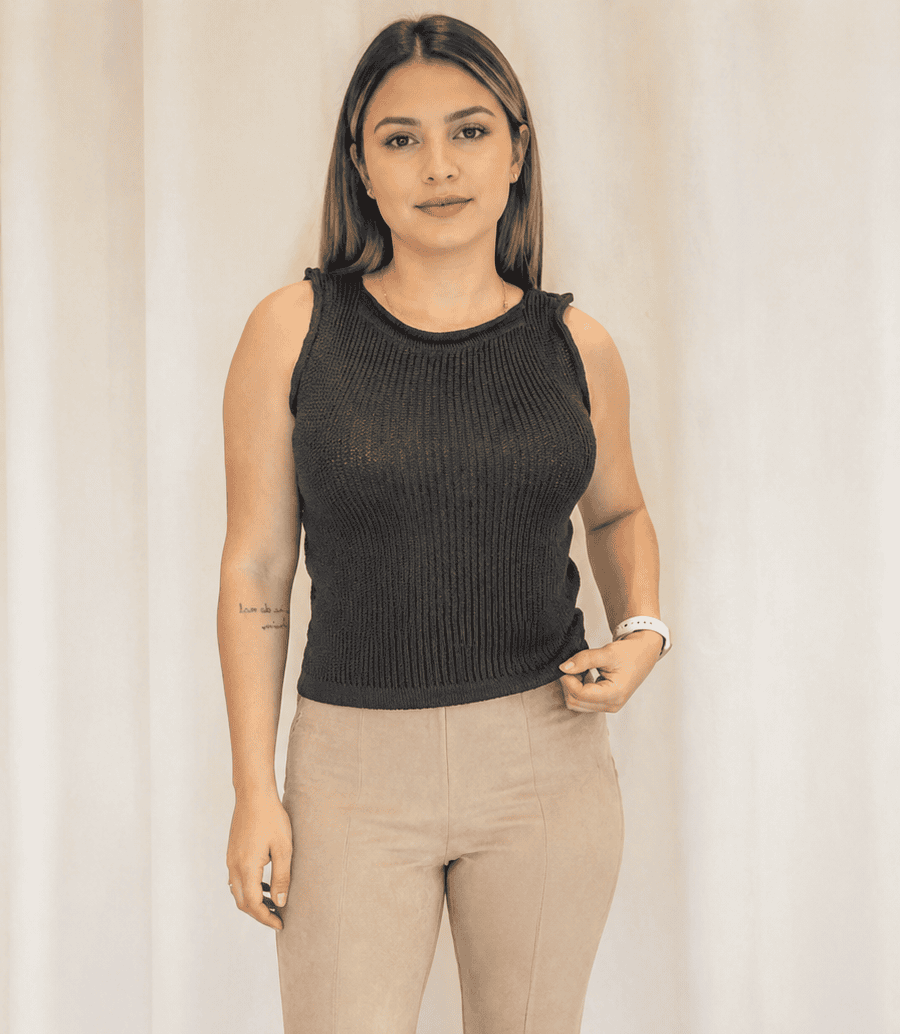 Cropped Regata Feminino Tricot Modal Canelado Preto