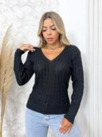 Blusa Tricot Roupas Feminina Suéter Decote V Trança