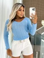 Blusa Tricot Roupas Feminina Suéter Decote V Trança