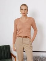Blusa Tricot Roupas Feminina Suéter Decote V Trança - Imagem 3