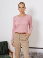 Blusa Tricot Roupas Feminina Suéter Decote V Trança - Imagem 4