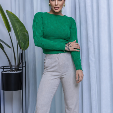Cropped Tricot Modal Manga Longa Texturizado Verde