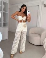 Conjunto de Saída de Praia Trico Modal 3 Peças Cropped, Shorts e Calça