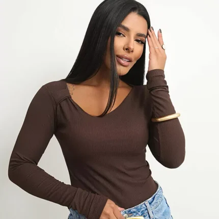 Blusa Feminina Canelada Manga Longa com Detalhe no Ombro