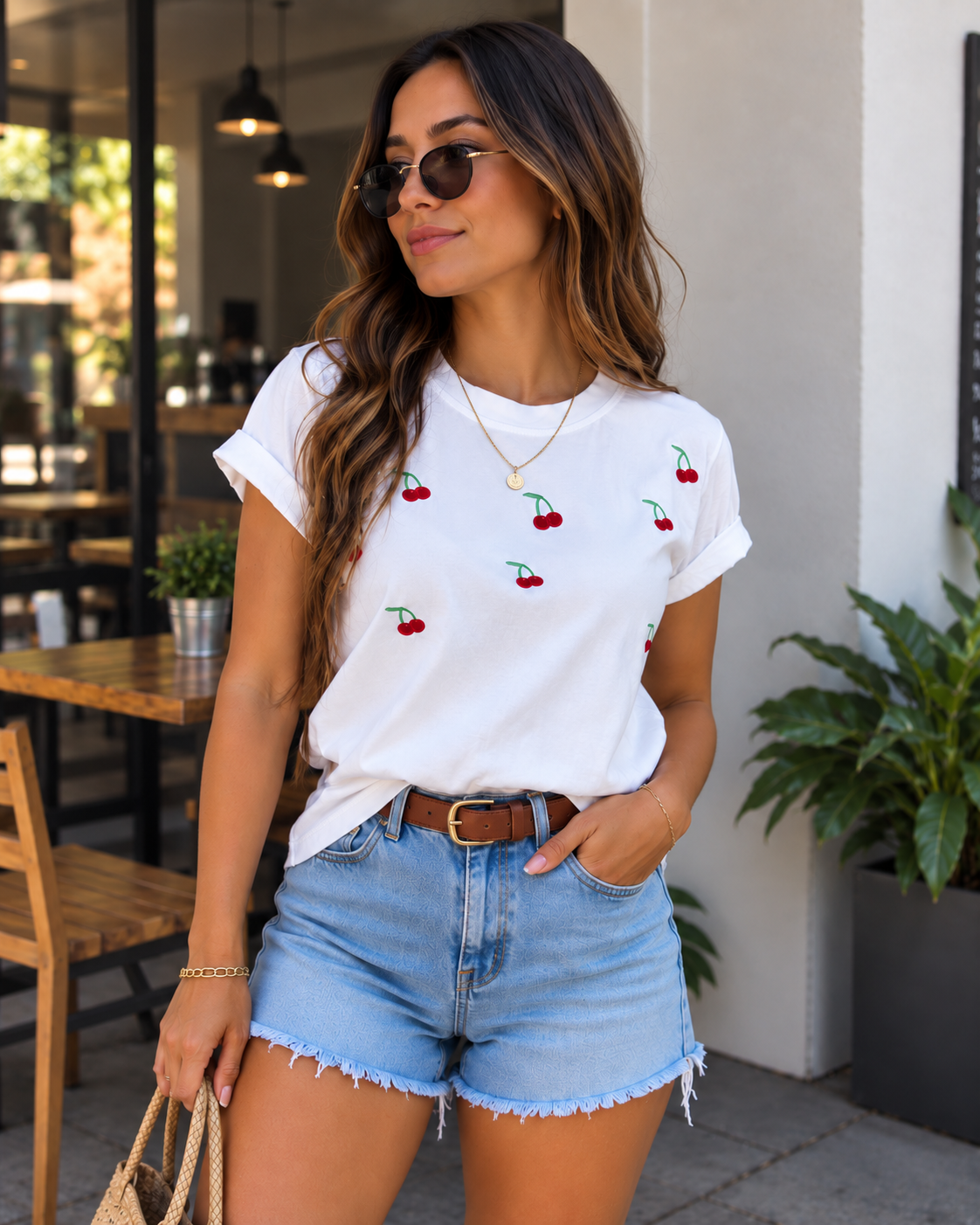 T-shirt Feminina Bordada Cerejas