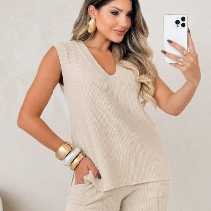 Conjunto Tricot Colete Decote V e Short