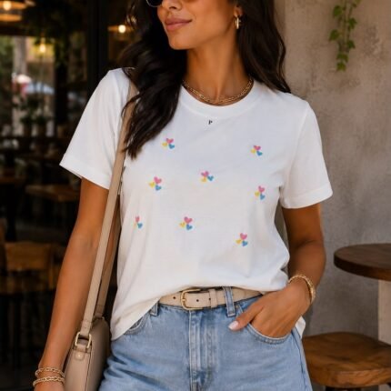 T-Shirt Feminina Bordada Corações Coloridos