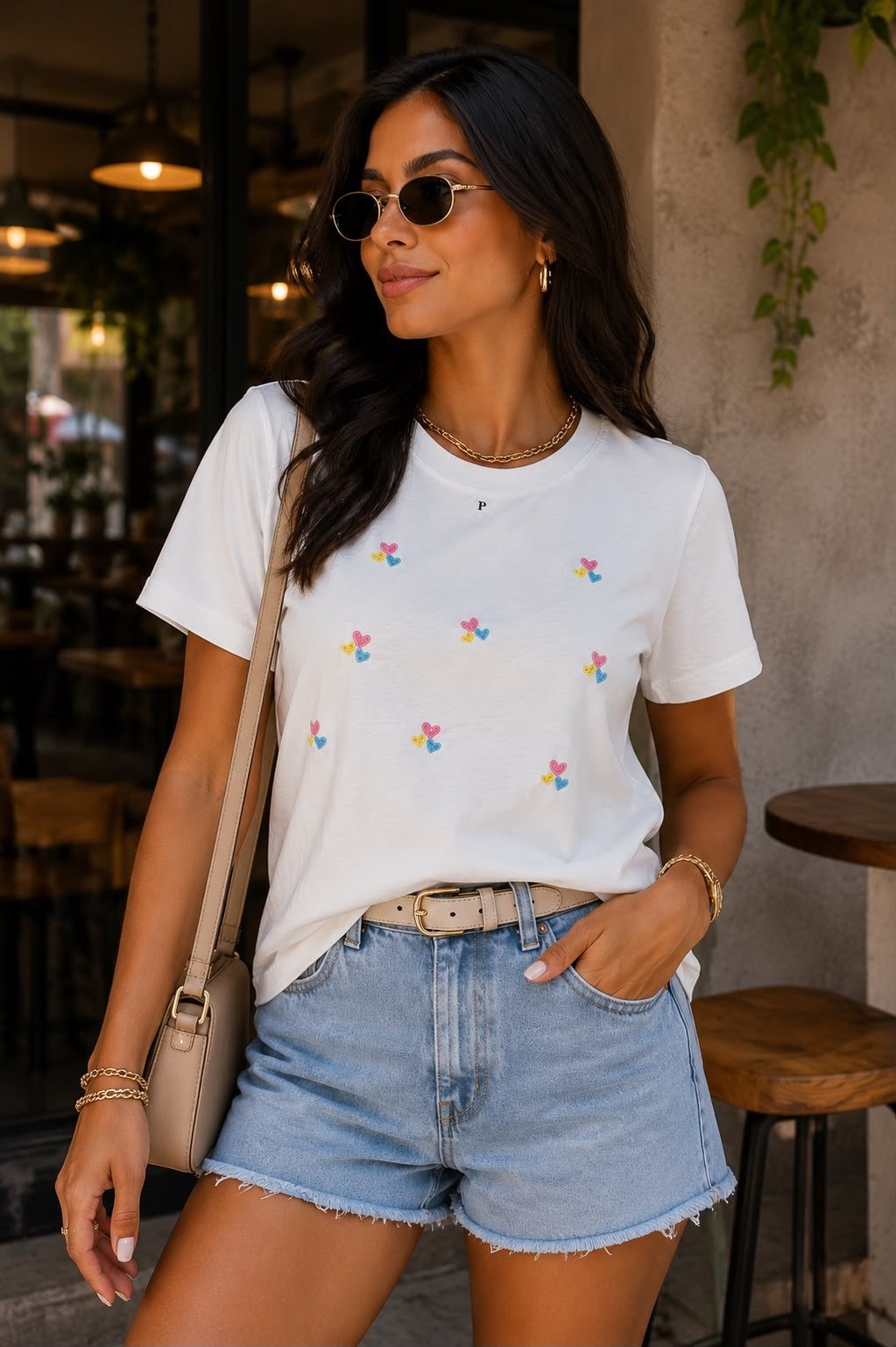 T-Shirt Feminina Bordada Corações Coloridos