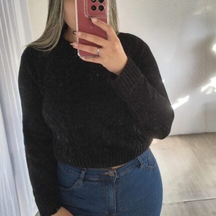 Blusa Feminina Cropped de Tricô Chenille