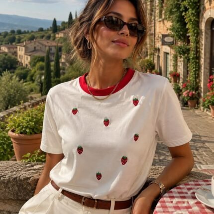 T-shirt Feminina Bordada Morangos com Gola Contrastante