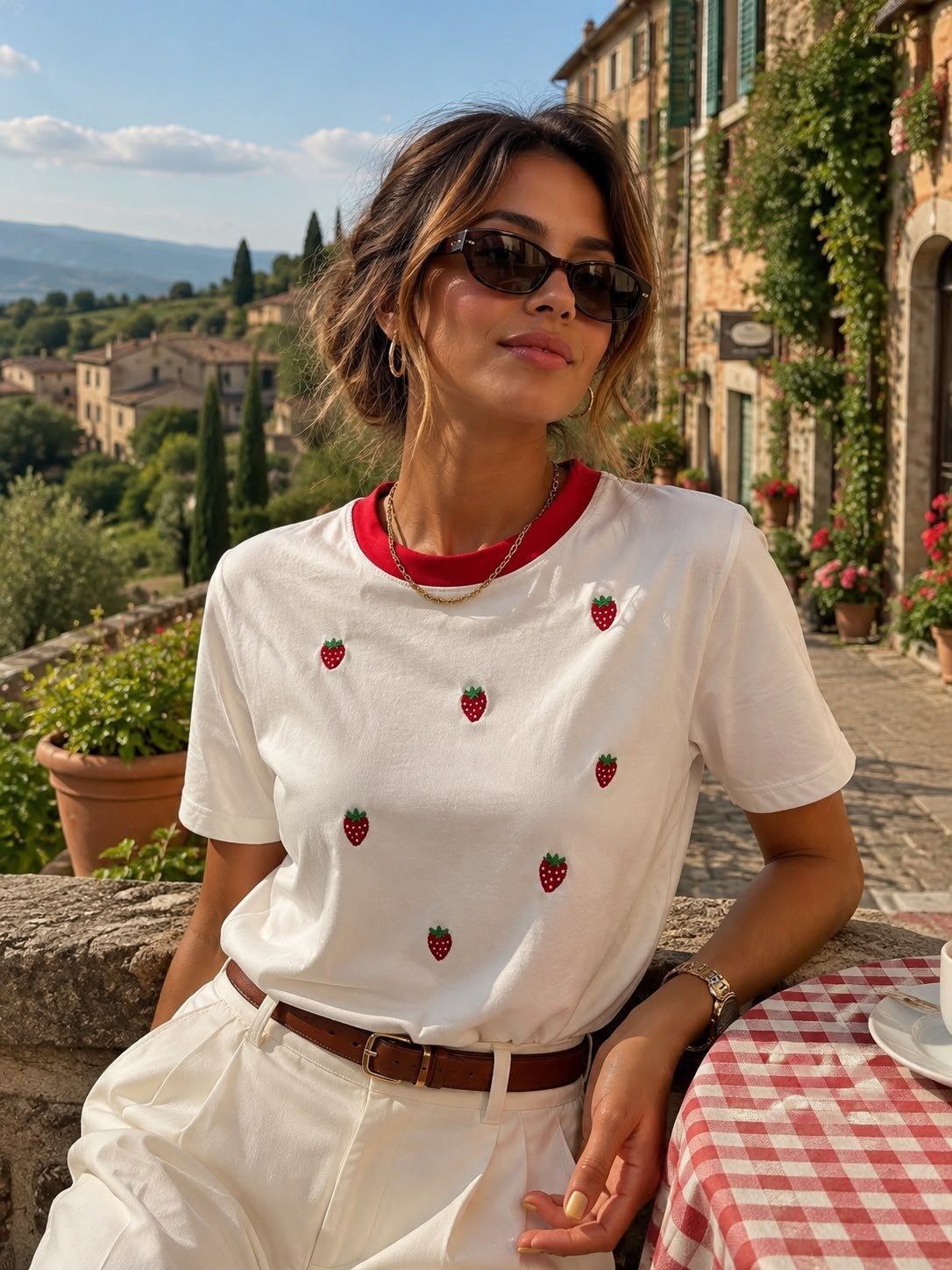 T-shirt Feminina Bordada Morangos com Gola Contrastante