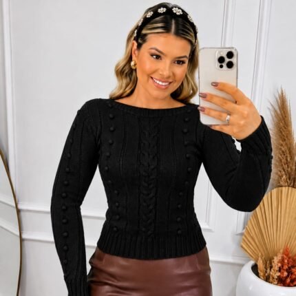 Blusa Feminina de Tricô com Tranças Manga Longa
