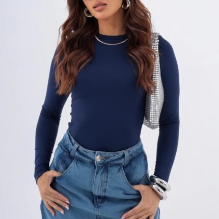 Blusa Feminina Manga Longa Básica Azul Marinho
