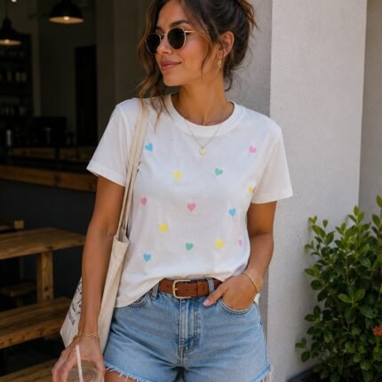 T-Shirt Feminina Bordada Corações Coloridos